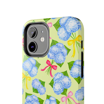 Blue Watercolor Hydrangea Bunches with Hot Pink, Yellow, Light Pink Bows Illustrated Patterned Yellow Tough Phone Case | Various Models