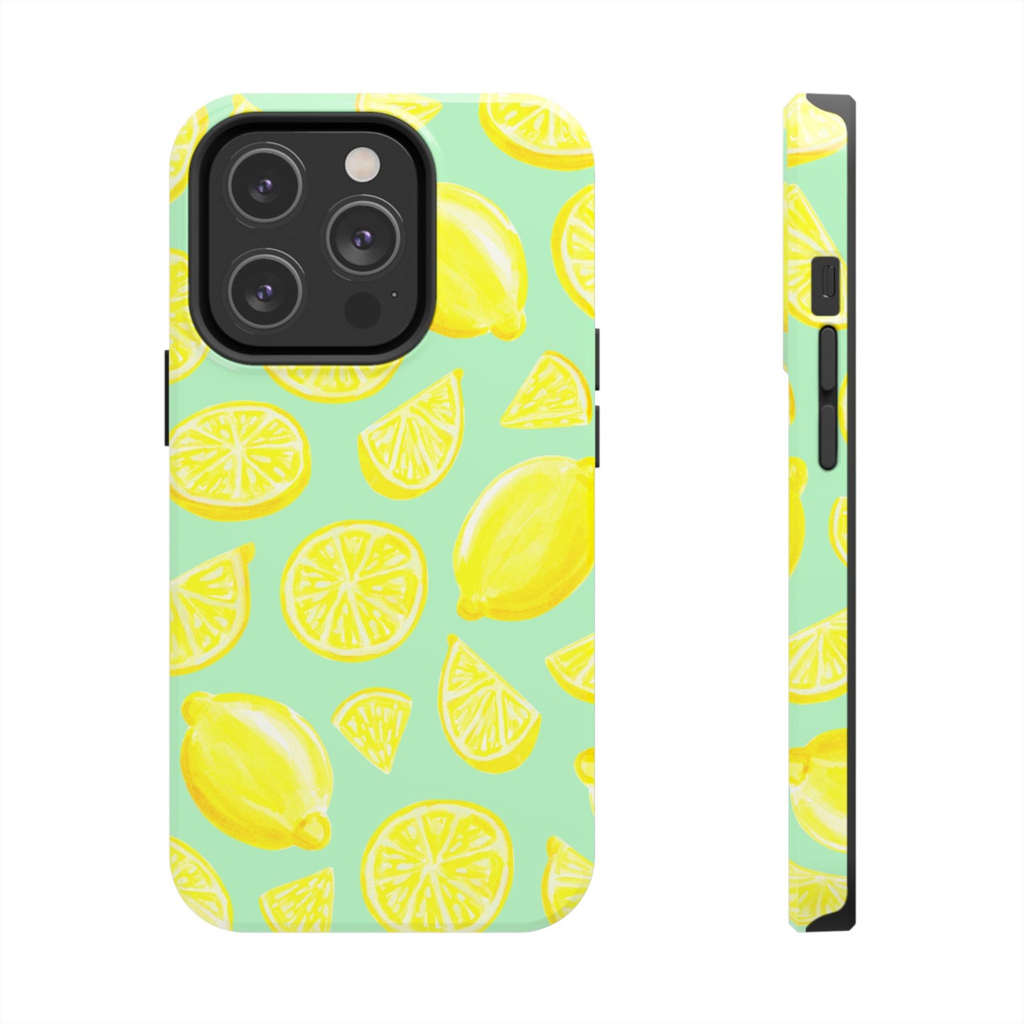 Bright Yellow Lemons Watercolor Illustrated Tossed Pattern Mint Green Tough Phone Case | Various Models