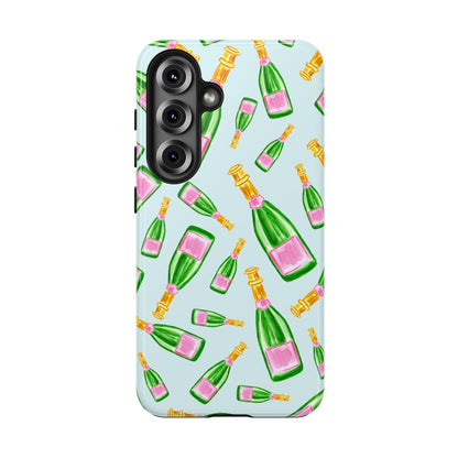 Tossed Pink and Green Watercolor Illustrated Champagne Bottles Pattern Light Blue Tough Phone Case | Various Models