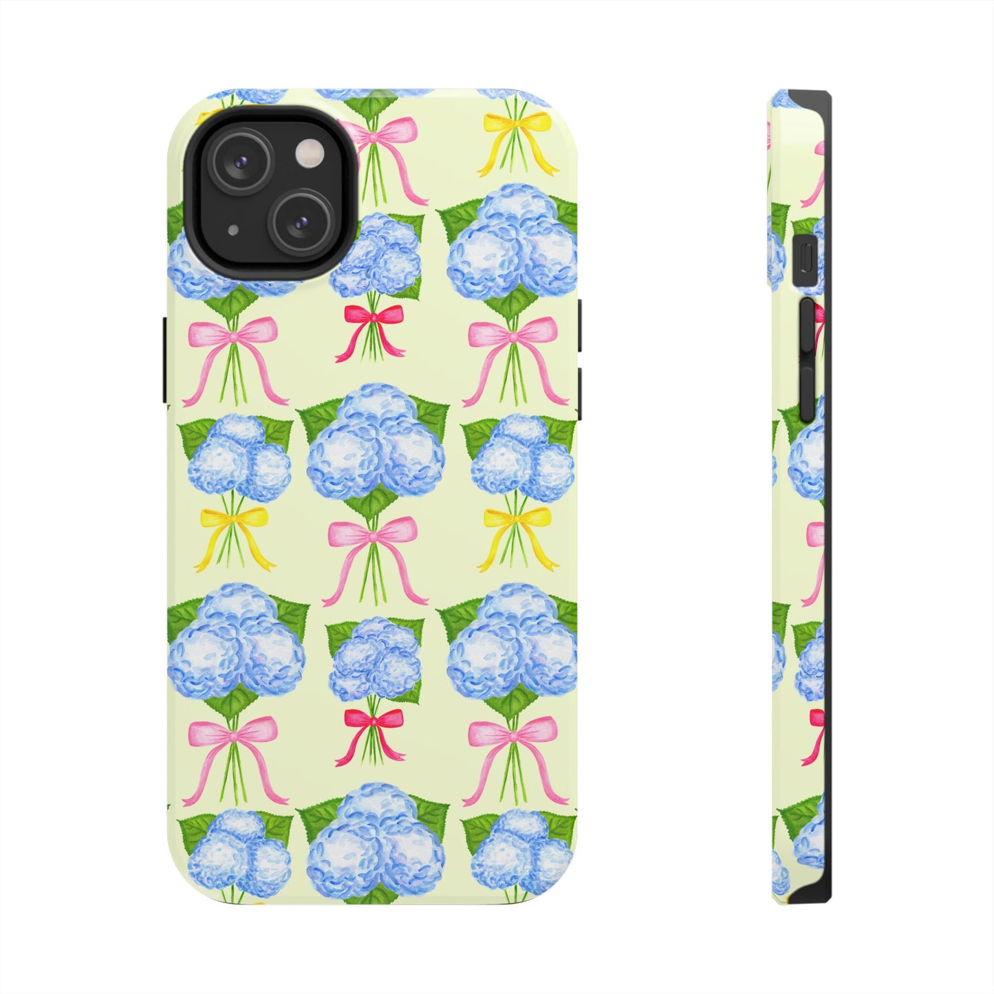 Blue Hydrangeas with Hot Pink, Yellow, Light Pink Bows Watercolor Illustrated Patterned Light Yellow Tough Phone Case | Various Models