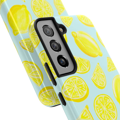 Bright Yellow Lemons Watercolor Illustrated Tossed Pattern Light Blue Tough Phone Case | Various Models