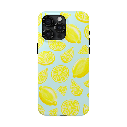 Bright Yellow Lemons Watercolor Illustrated Tossed Pattern Light Blue Tough Phone Case | Various Models
