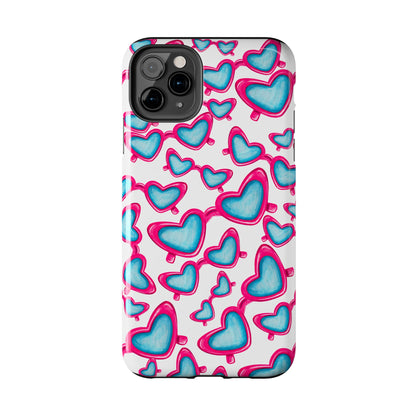 Pink & Blue Heart Shaped Sunglasses Watercolor Illustrated Tossed Pattern Tough Case | Various Models