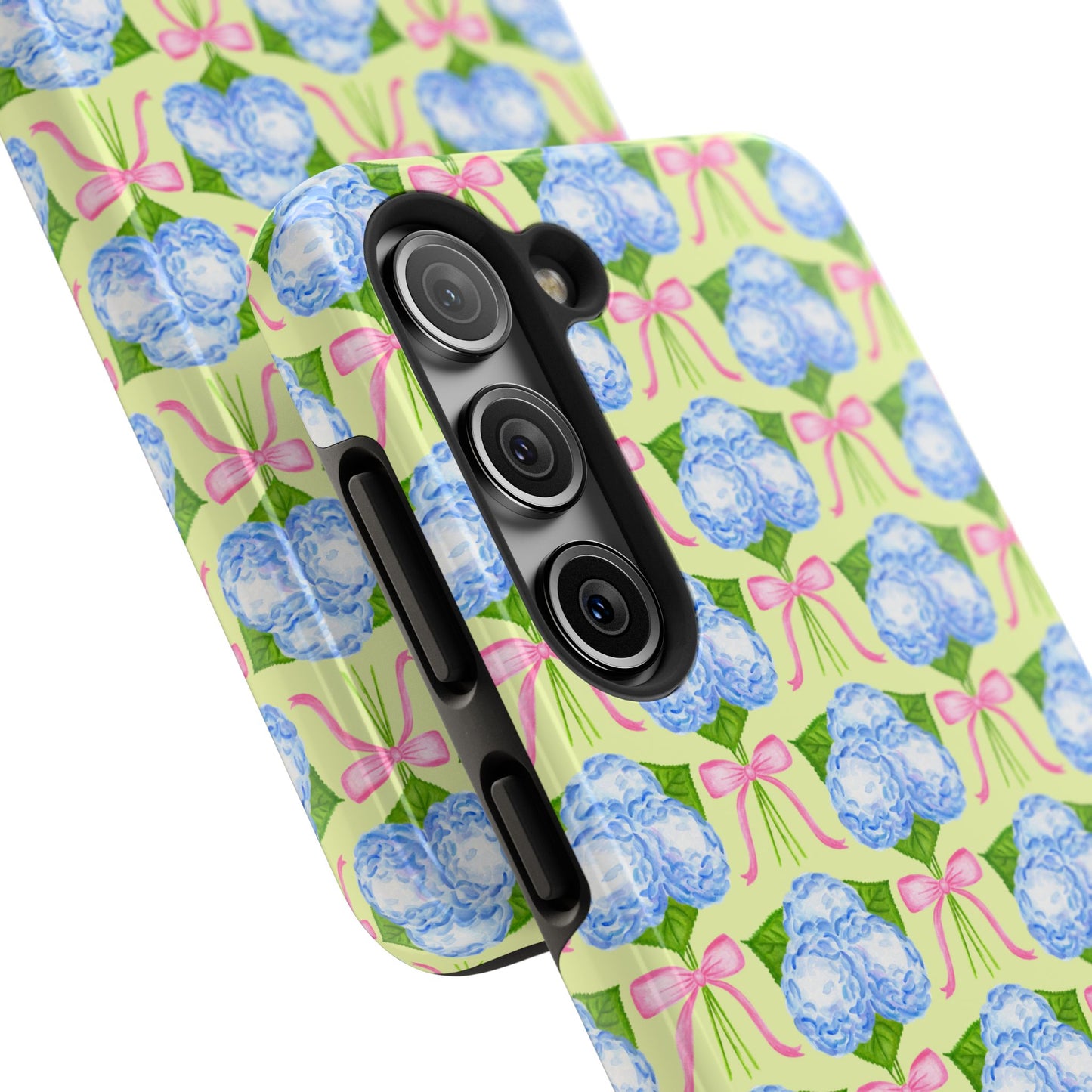 Blue Watercolor Hydrangea Bouquets with Light Pink Bows Watercolor Illustrated Patterned Yellow Tough Phone Case | Various Models