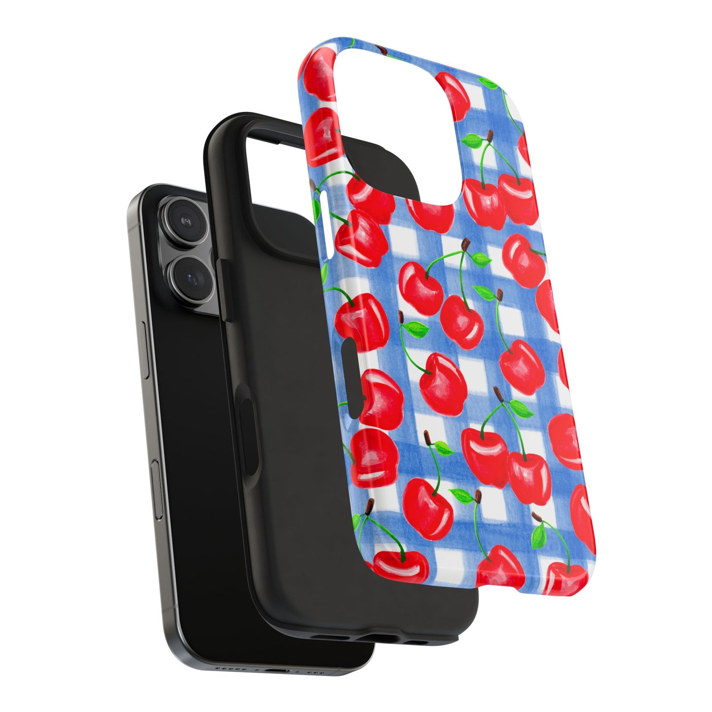 Tossed Red Cherries Blue Gingham Checkered Watercolor Illustrated Tough Phone Case | Various Models