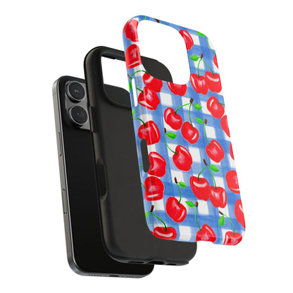 Tossed Red Cherries Blue Gingham Checkered Watercolor Illustrated Tough Phone Case | Various Models