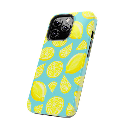 Bright Yellow Lemons Watercolor Illustrated Tossed Pattern Turquoise Blue Tough Phone Case | Various Models
