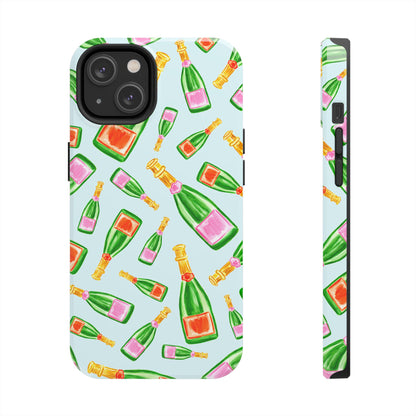 Tossed Pink and Green & Orange and Green Watercolor Illustrated Champagne Bottles Pattern Light Blue Tough Phone Case | Various Models
