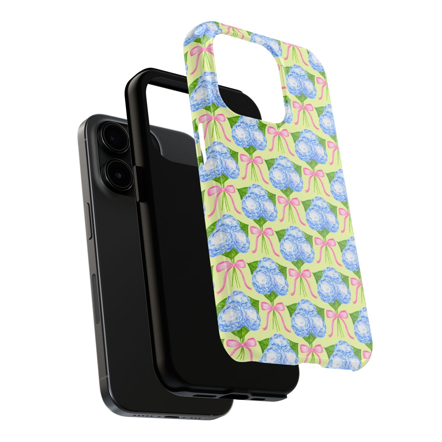 Blue Watercolor Hydrangea Bouquets with Light Pink Bows Watercolor Illustrated Patterned Yellow Tough Phone Case | Various Models