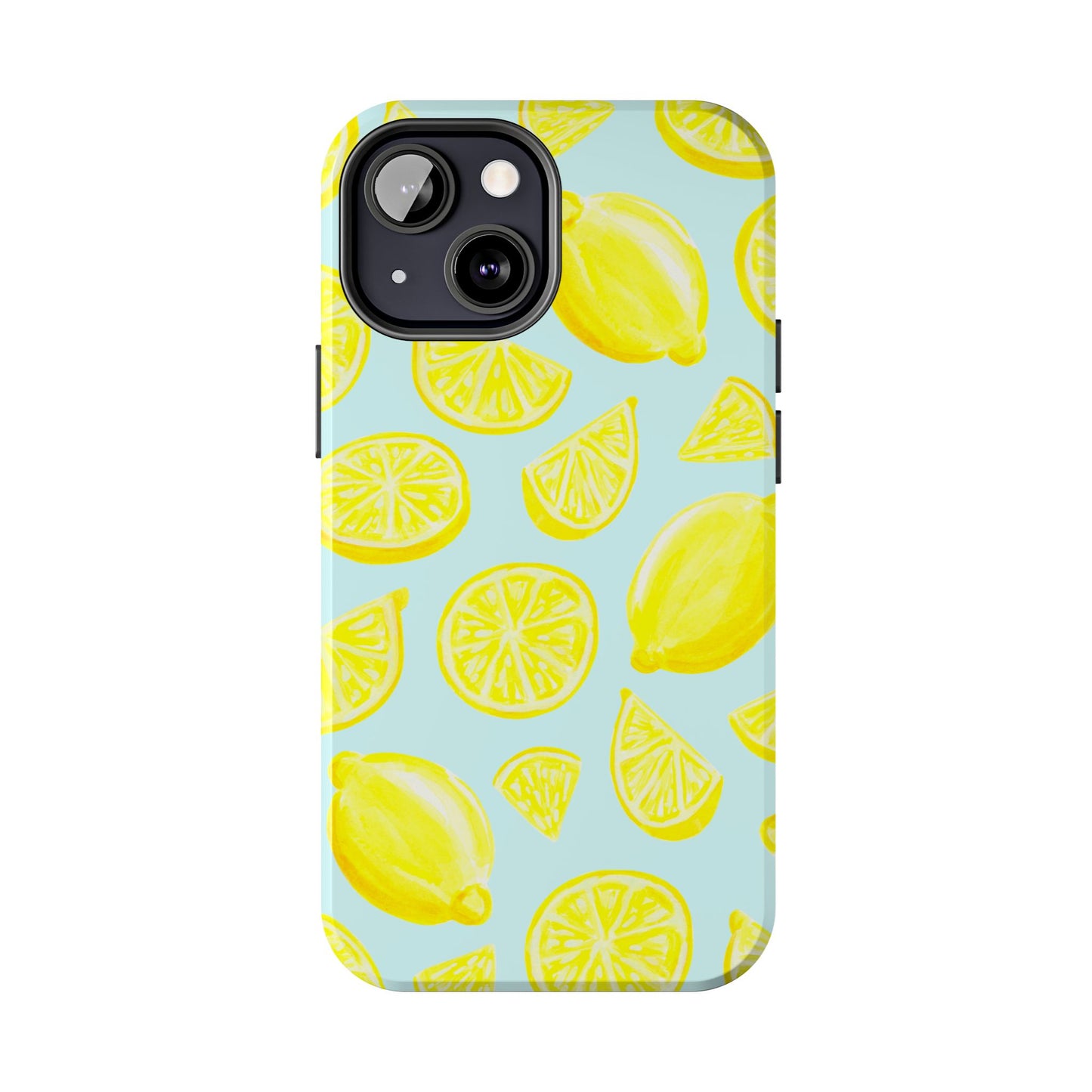 Bright Yellow Lemons Watercolor Illustrated Tossed Pattern Light Blue Tough Phone Case | Various Models