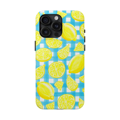 Bright Yellow Lemons Watercolor Illustrated Tossed Pattern Turquoise Gingham Tough Phone Case | Various Models