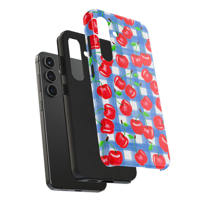 Tossed Red Cherries Blue Gingham Checkered Watercolor Illustrated Tough Phone Case | Various Models