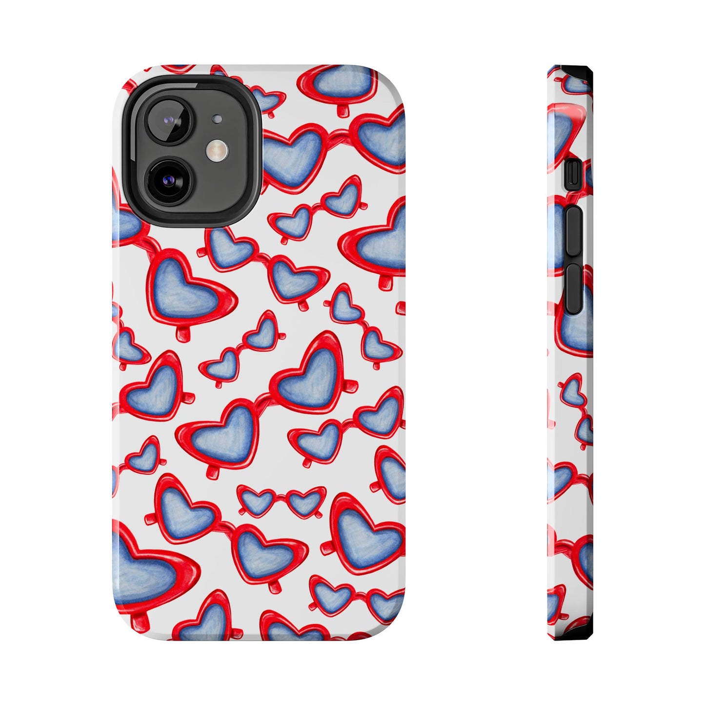 Red, White, & Blue Heart Shaped Watercolor Sunglasses Tossed Pattern Tough Phone Cases iPhone 12 Mini