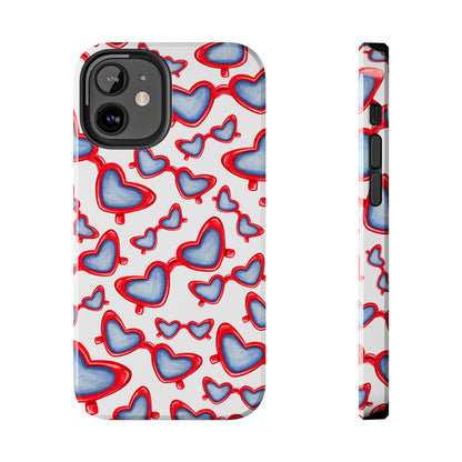 Red, White, & Blue Heart Shaped Watercolor Sunglasses Tossed Pattern Tough Phone Cases iPhone 12 Mini