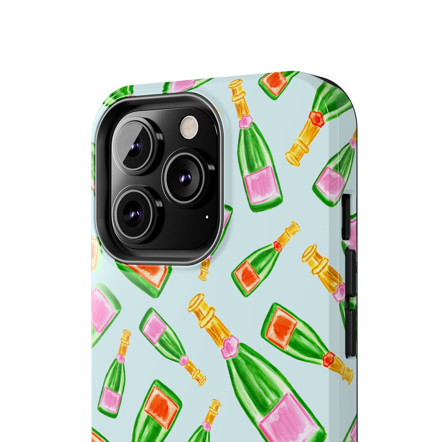 Tossed Pink and Green & Orange and Green Watercolor Illustrated Champagne Bottles Pattern Light Blue Tough Phone Case | Various Models