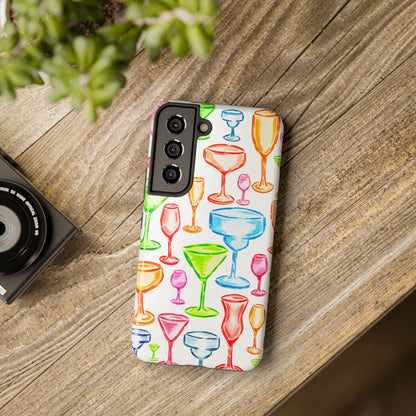 Monochromatic Margarita, Wine, Martini, and Champagne Flute Cocktail Glasses Watercolor Illustrated Tough Phone Case | Various Models Available