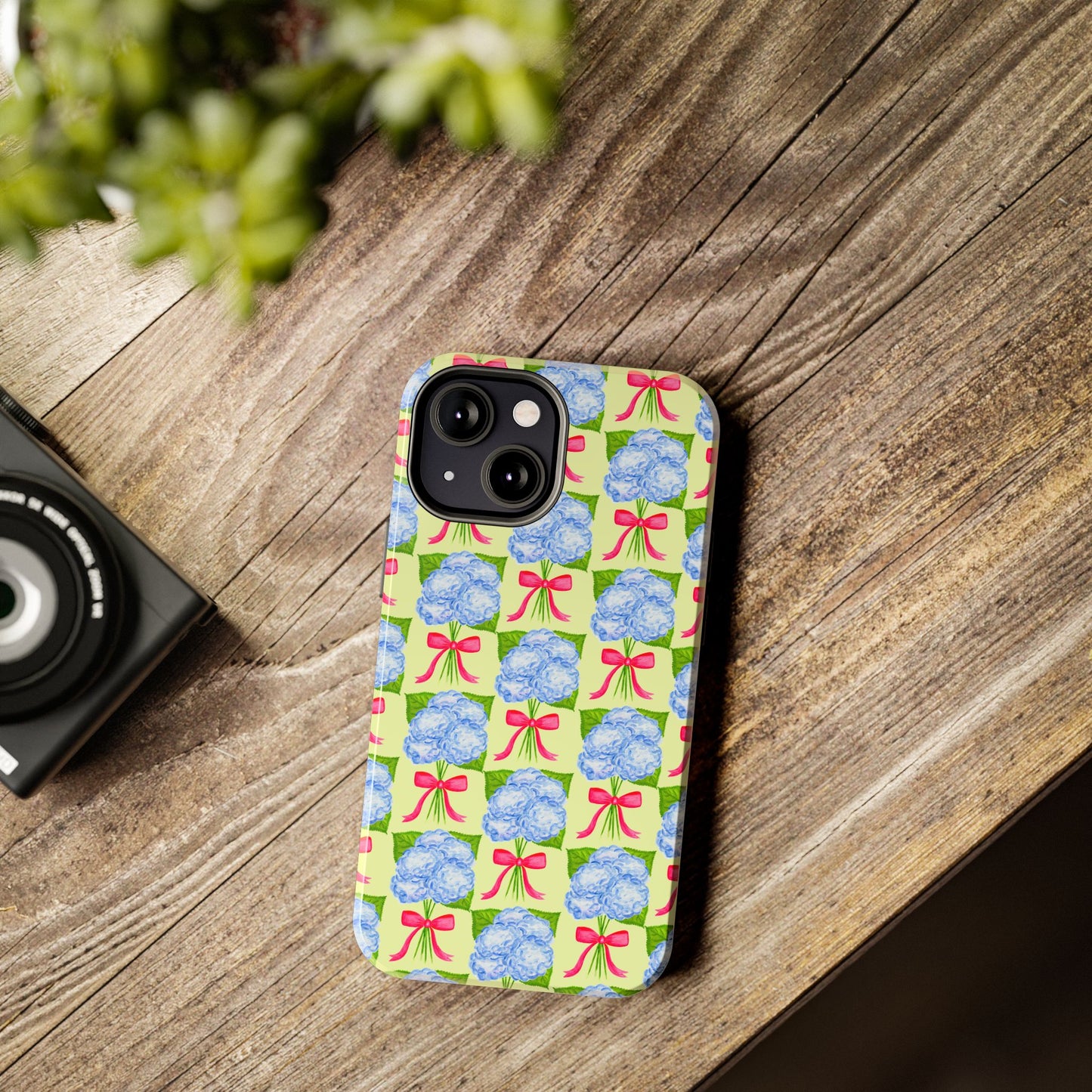 Blue Watercolor Hydrangea Bouquets with Hot Pink Bows Illustrated Patterned Yellow Preppy Grand Millenial Tough Phone Case | Various Models