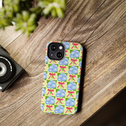 Blue Watercolor Hydrangea Bouquets with Hot Pink Bows Illustrated Patterned Yellow Preppy Grand Millenial Tough Phone Case | Various Models