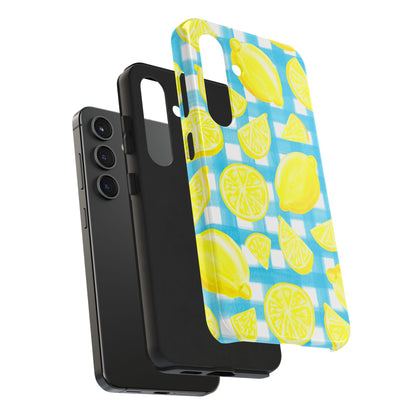 Yellow Lemons & Turquoise Gingham Watercolor Illustrated Tough Phone Case | Various Models Available