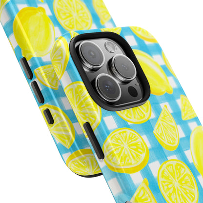 Bright Yellow Lemons Watercolor Illustrated Tossed Pattern Turquoise Gingham Tough Phone Case | Various Models