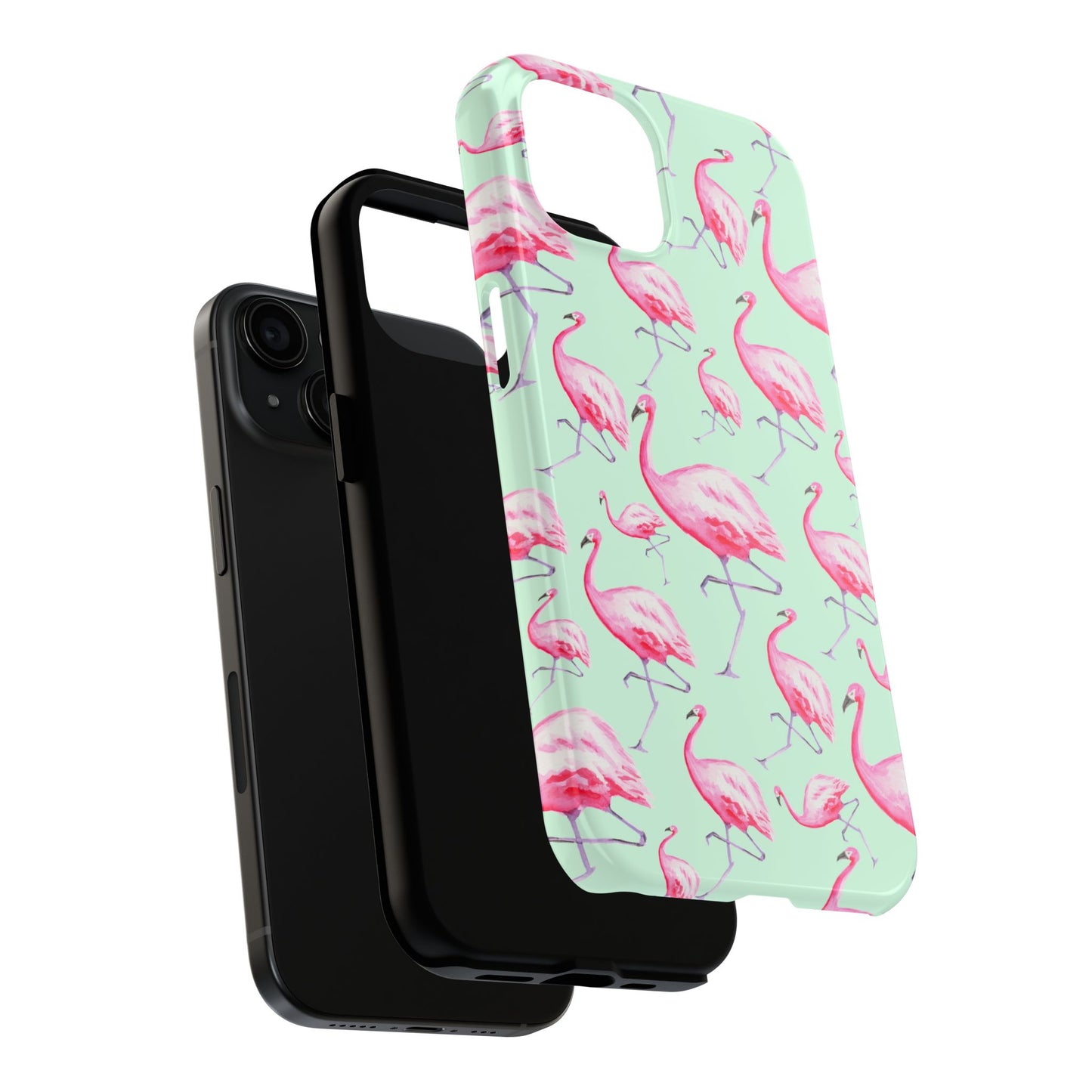Pink Flamingos Watercolor Illustrated Tossed Pattern Green Phone Case | Various Models