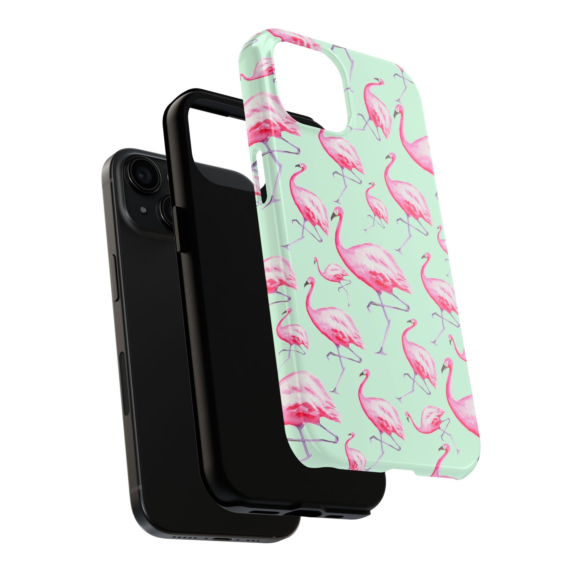 Pink Flamingos Watercolor Illustrated Tossed Pattern Green Phone Case | Various Models