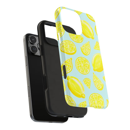 Bright Yellow Lemons Watercolor Illustrated Tossed Pattern Light Blue Tough Phone Case | Various Models