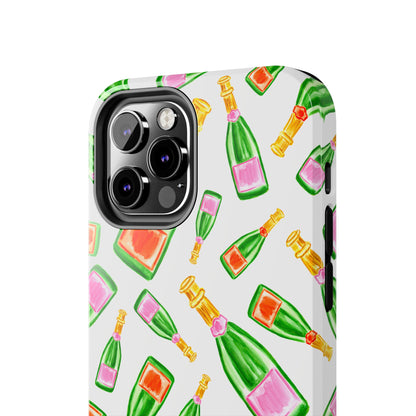 Tossed Pink and Green & Orange and Green Watercolor Illustrated Champagne Bottles Pattern Tough Phone Case | Various Models