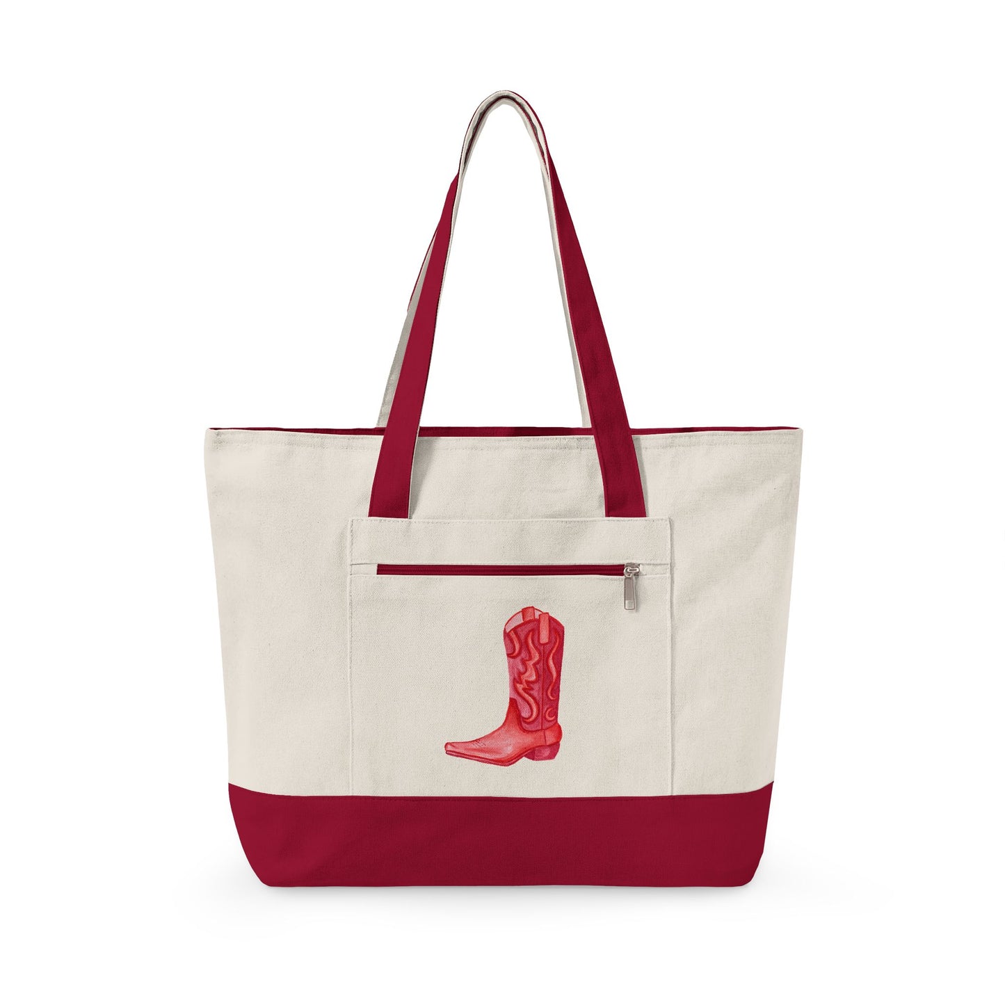 Red Cowboy Boot Watercolor Printed Zippered Canvas Tote 18" x 14" | Various Colors