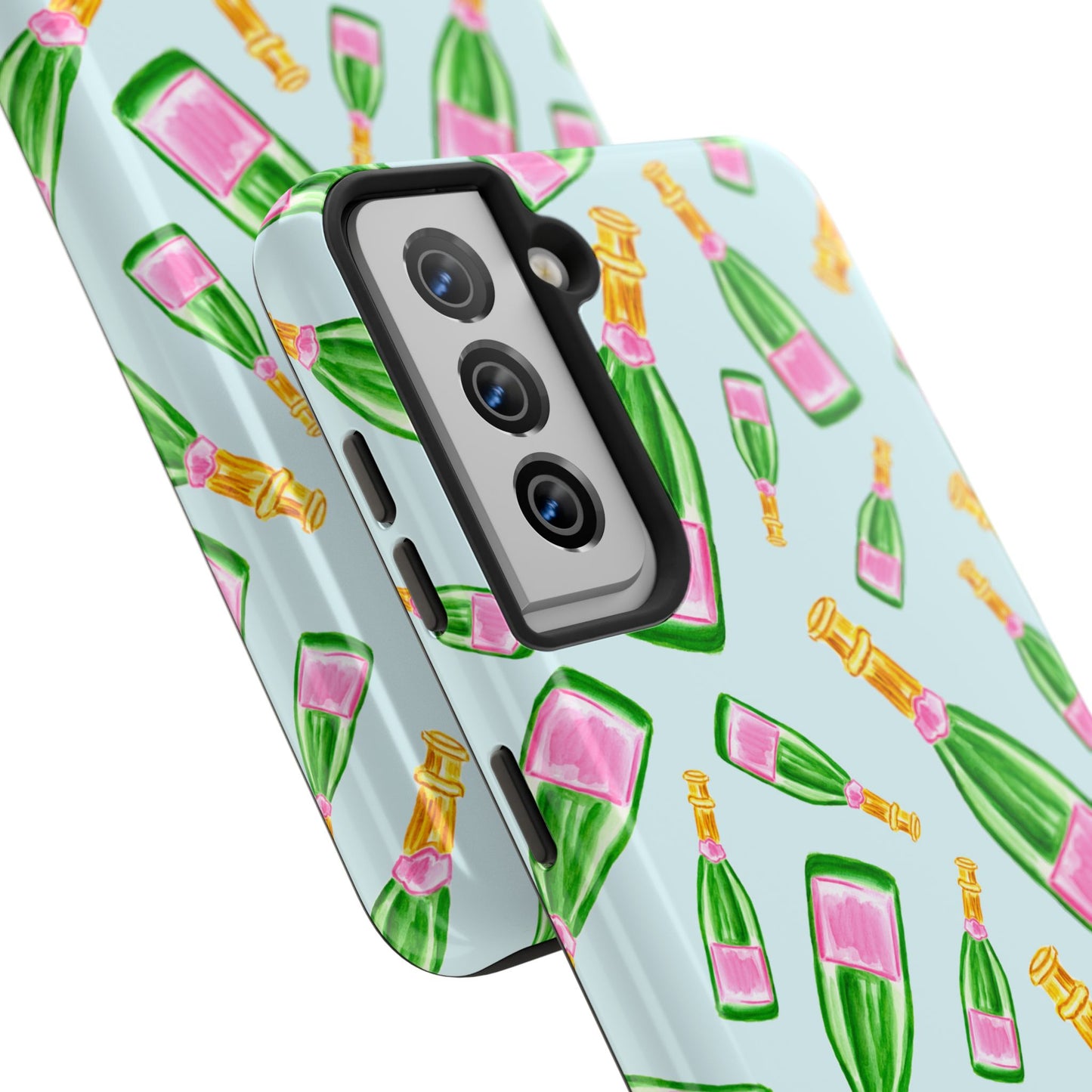 Tossed Pink and Green Watercolor Illustrated Champagne Bottles Pattern Light Blue Tough Phone Case | Various Models