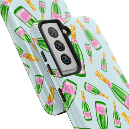 Tossed Pink and Green Watercolor Illustrated Champagne Bottles Pattern Light Blue Tough Phone Case | Various Models