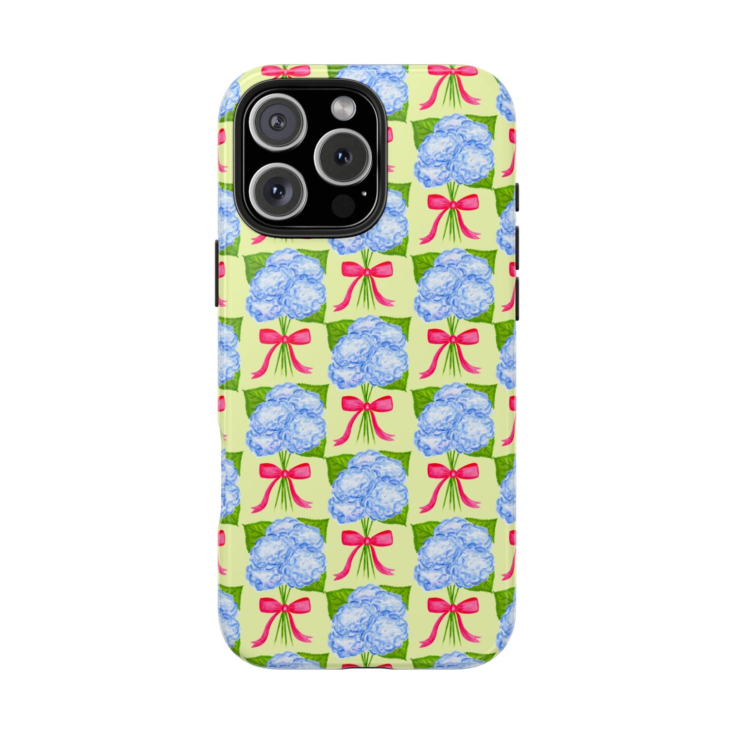 Blue Watercolor Hydrangea Bouquets with Hot Pink Bows Illustrated Patterned Yellow Preppy Grand Millenial Tough Phone Case | Various Models