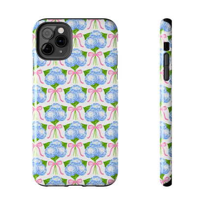 Blue Watercolor Hydrangea Bouqets with Light Pink Bows Watercolor Illustrated Patterned Tough Phone Case | Various Models