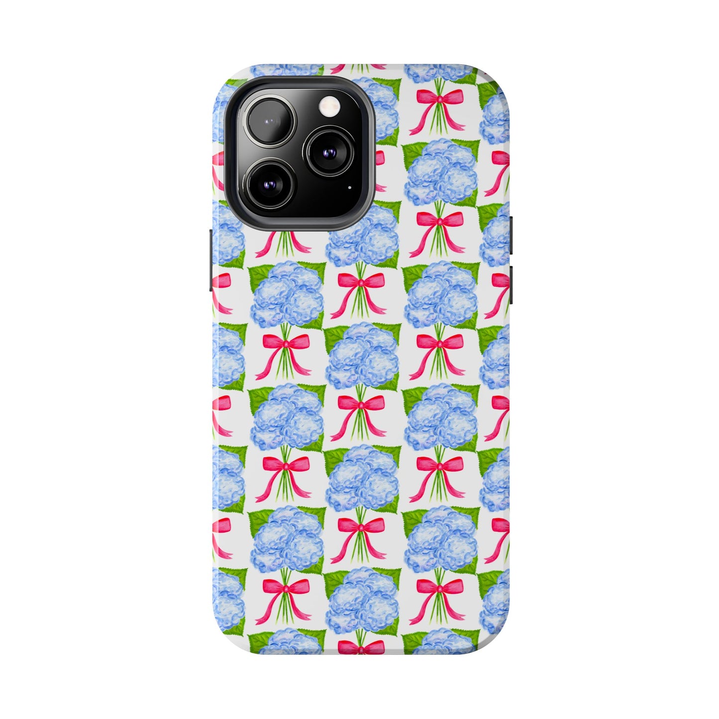 Blue Watercolor Hydrangea Bouquets with Hot Pink Bows Illustrated Patterned Tough Phone Case | Various Models
