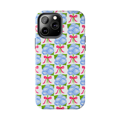 Blue Watercolor Hydrangea Bouquets with Hot Pink Bows Illustrated Patterned Tough Phone Case | Various Models