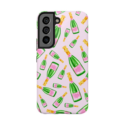 Tossed Pink and Green Watercolor Illustrated Champagne Bottles Pattern Blush Pink Tough Phone Case | Various Models