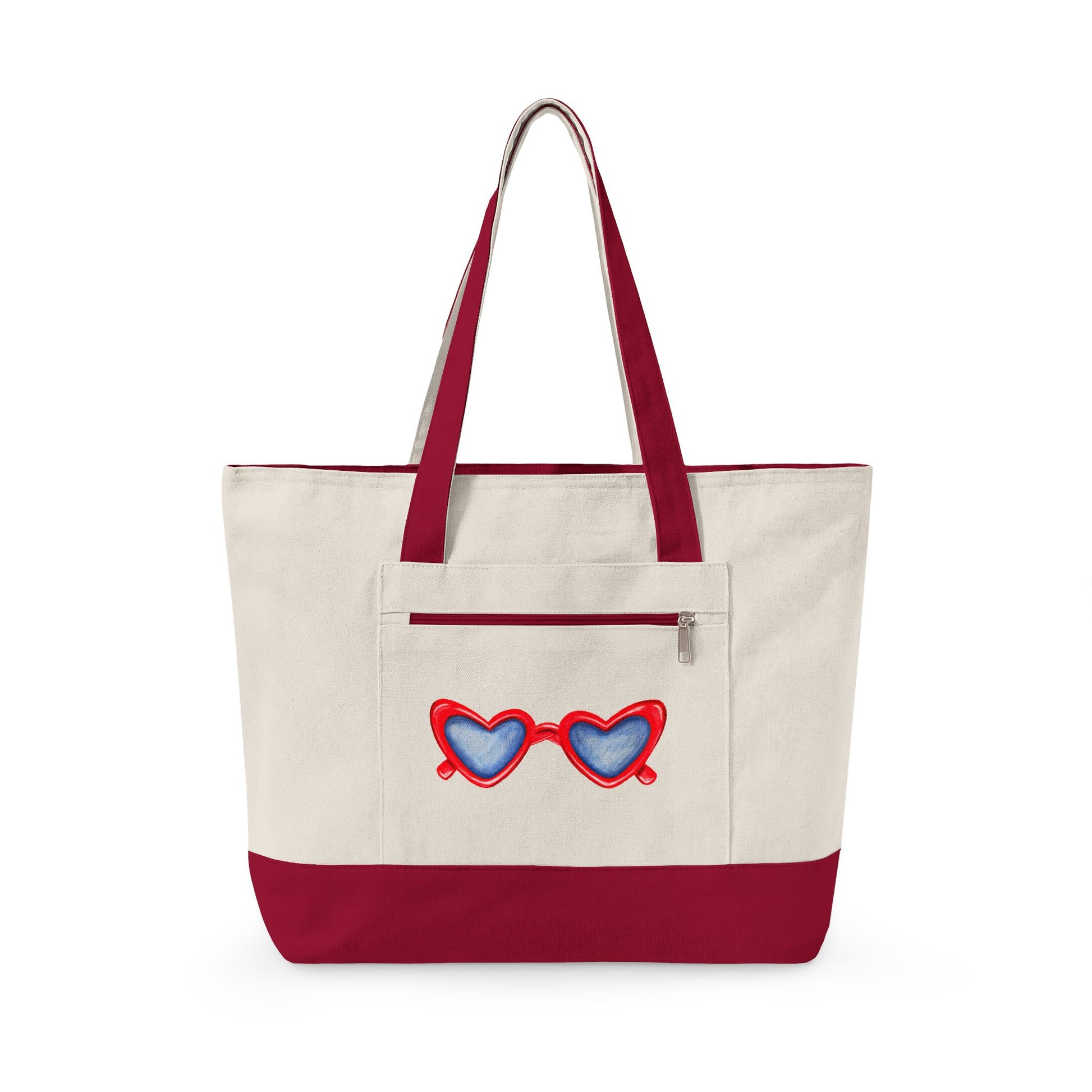 Red Heart Shaped Sunglasses Printed Zippered Canvas Tote 18" x 14" | Various Colors 18" x 14" x 4.5" Natural Red