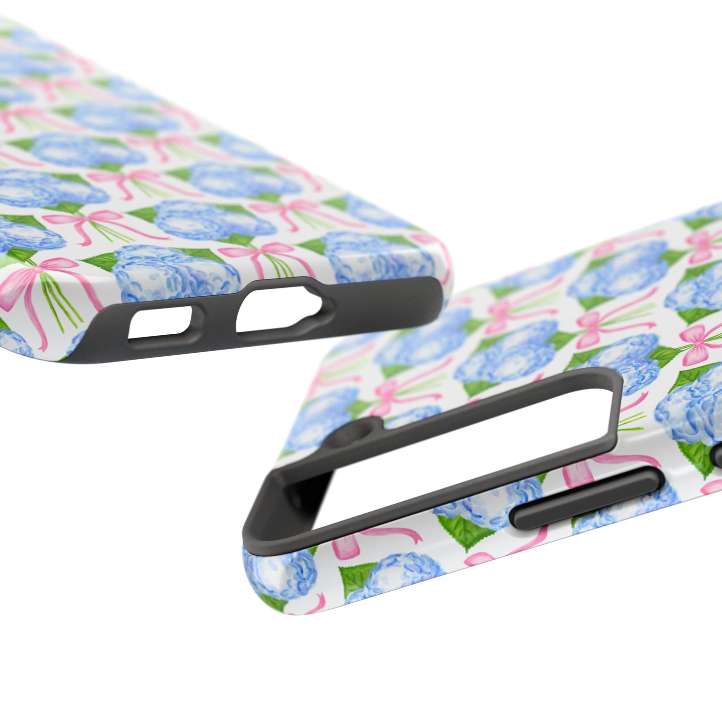 Blue Watercolor Hydrangea Bouqets with Light Pink Bows Watercolor Illustrated Patterned Tough Phone Case | Various Models