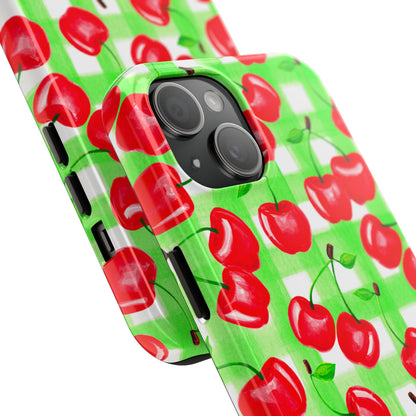 Red Tossed Cherries Green Gingham Watercolor Illustrated Tough Phone Case | Various Models Available