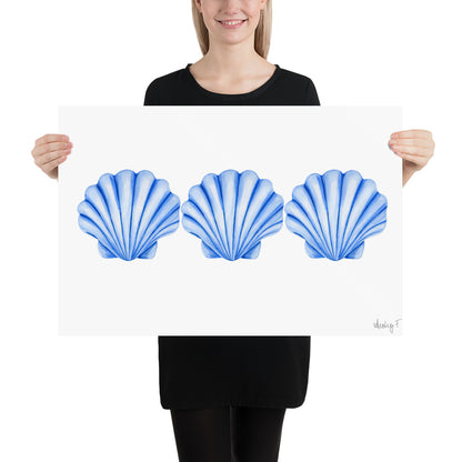 Print | Watercolor Blue Scallop Seashell Trio 20″×30″