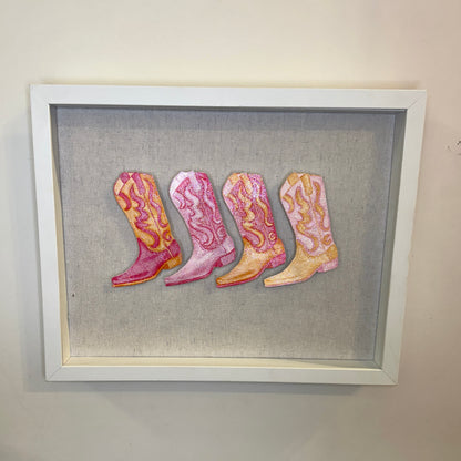 11” x 14” Glitter Embellished Hot Pink & Orange Cowboy Boots 3D Push Pin Shadow Box