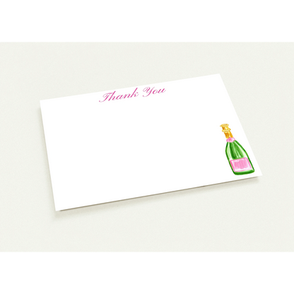 Personalize Pink & Green Champagne Bottle Watercolor Illustrated Flat Note Cards & Envelopes | Set of 10 | 2 Sizes 4.25x5.5″ (SM)