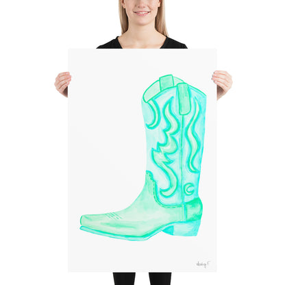 Print | Watercolor Mint Turquoise Cowboy Boot 24″×36″
