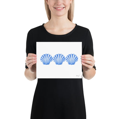 Print | Watercolor Blue Scallop Seashell Trio 8″×10″