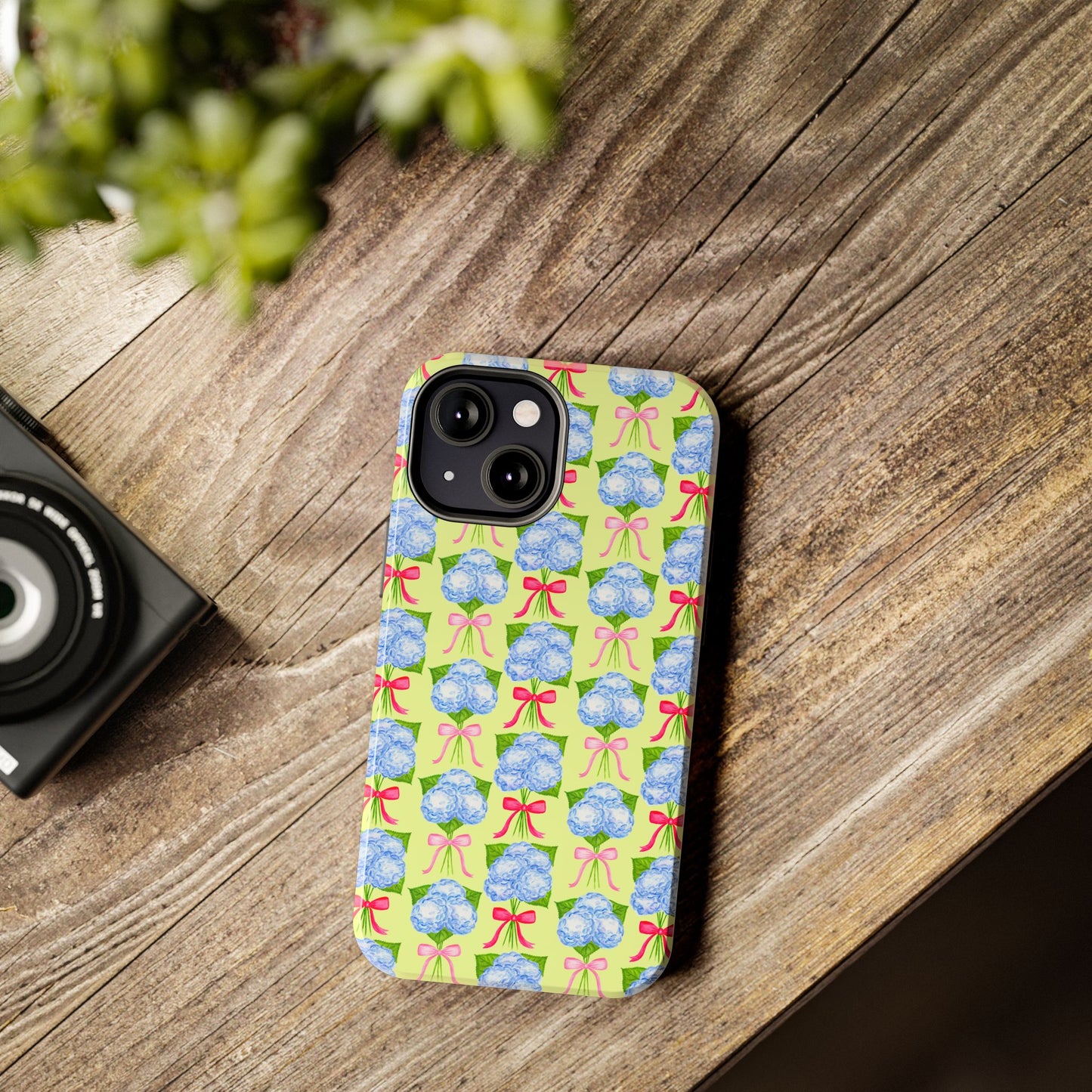 Watercolor Blue Hydrangea Bouquets with Hot Pink and Light Pink Bow Ribbons Illustrated Pattern Yellow Tough Phone Case | Various Models