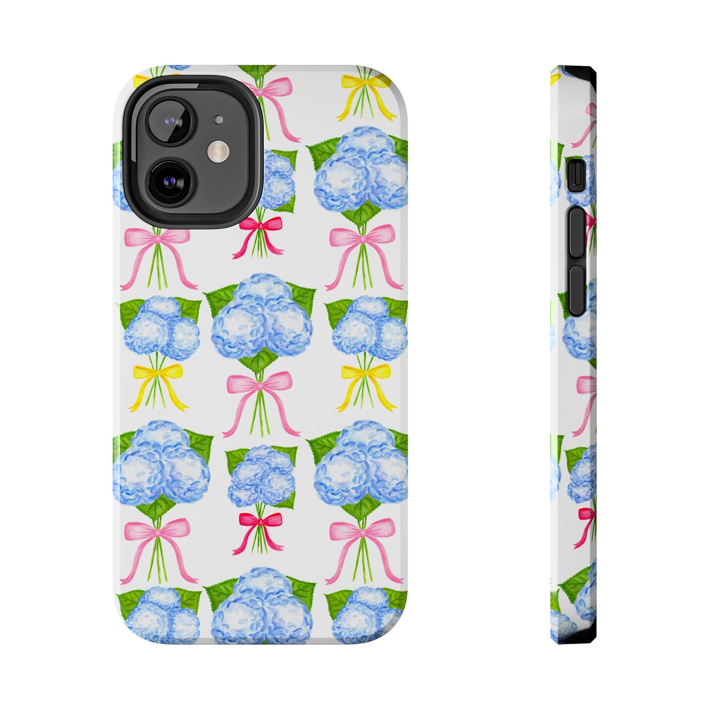 Blue Hydrangeas with Hot Pink, Yellow, Light Pink Bows Watercolor Illustrated Patterned Tough Phone Case | Various Models