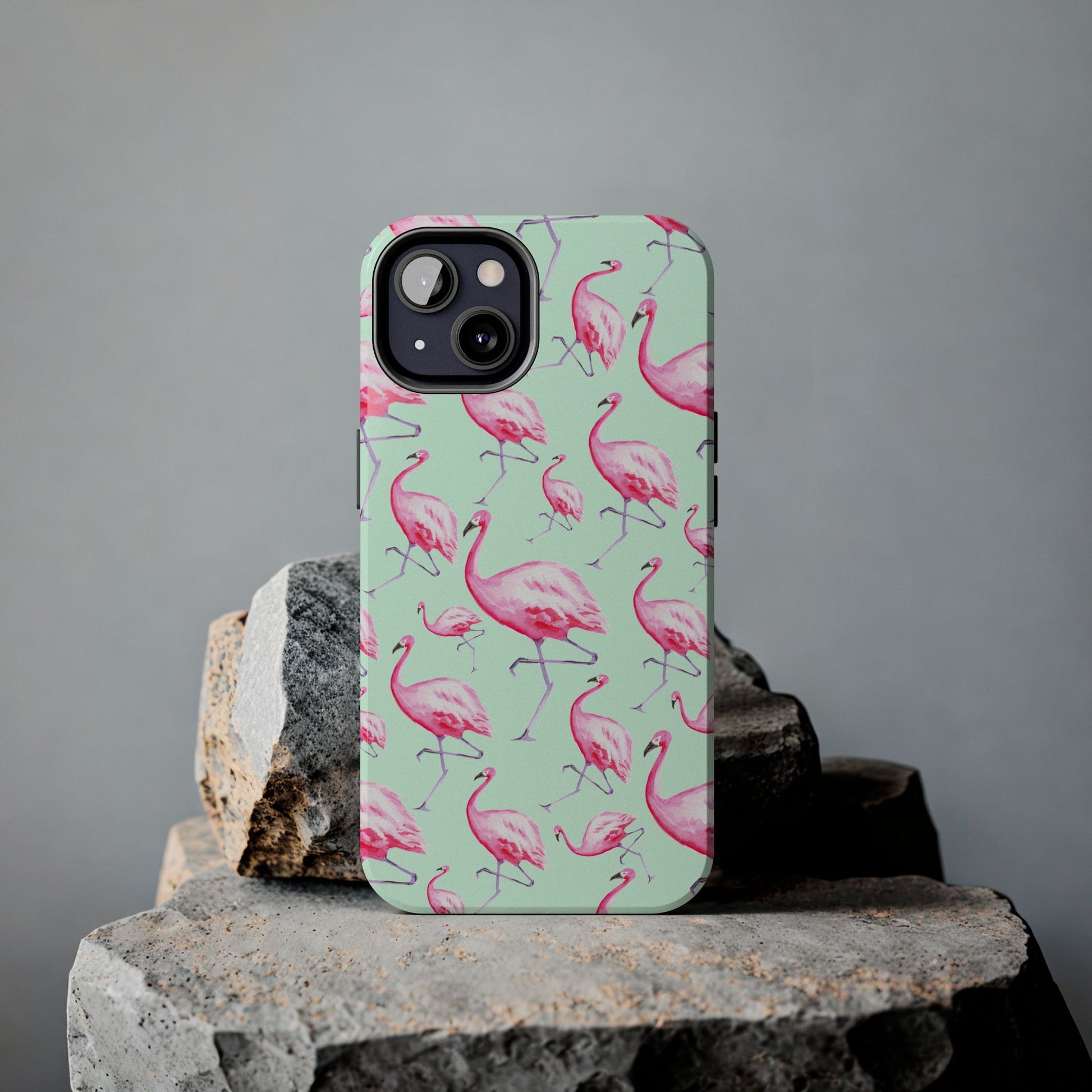 Pink Flamingos Watercolor Illustrated Tossed Pattern Green Phone Case | Various Models