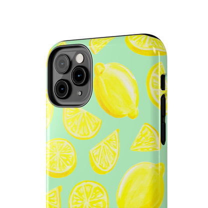 Bright Yellow Lemons Watercolor Illustrated Tossed Pattern Mint Green Tough Phone Case | Various Models