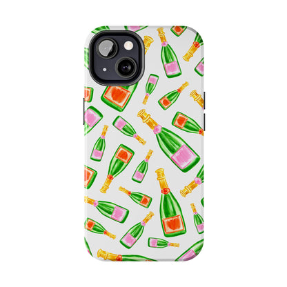 Tossed Pink and Green & Orange and Green Watercolor Illustrated Champagne Bottles Pattern Tough Phone Case | Various Models