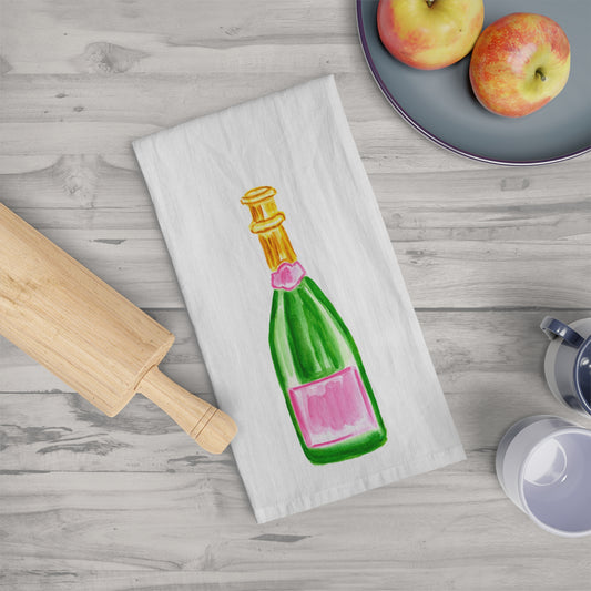 Tea Towel | Pink & Green Champagne Bottle Watercolor Illustration | Bridal Shower Gift| Kitchen Décor  Wedding Gift | Home Bar Accessory